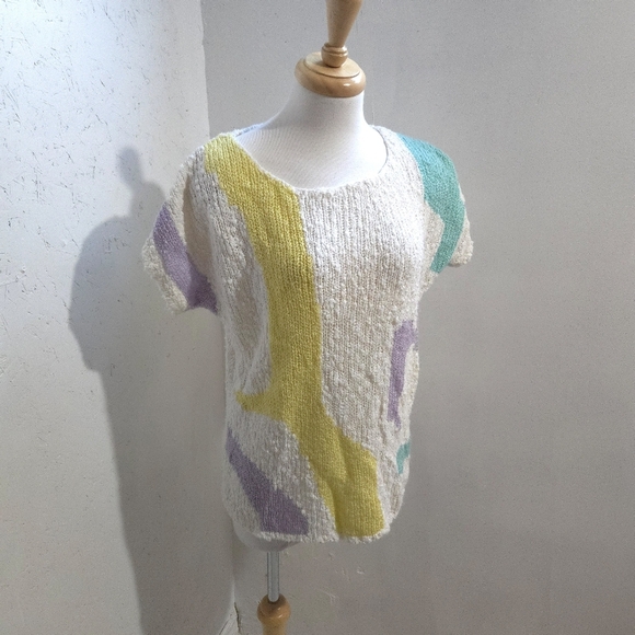 Vintage Sweaters - Settabello | Vintage Colorful Abstract Knit short sleeve Sweater